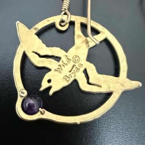Vintage WILD BRYDE Flying Bird With Amethyst Gemstone Dangle Earrings 3g. - Picture 3 of 12