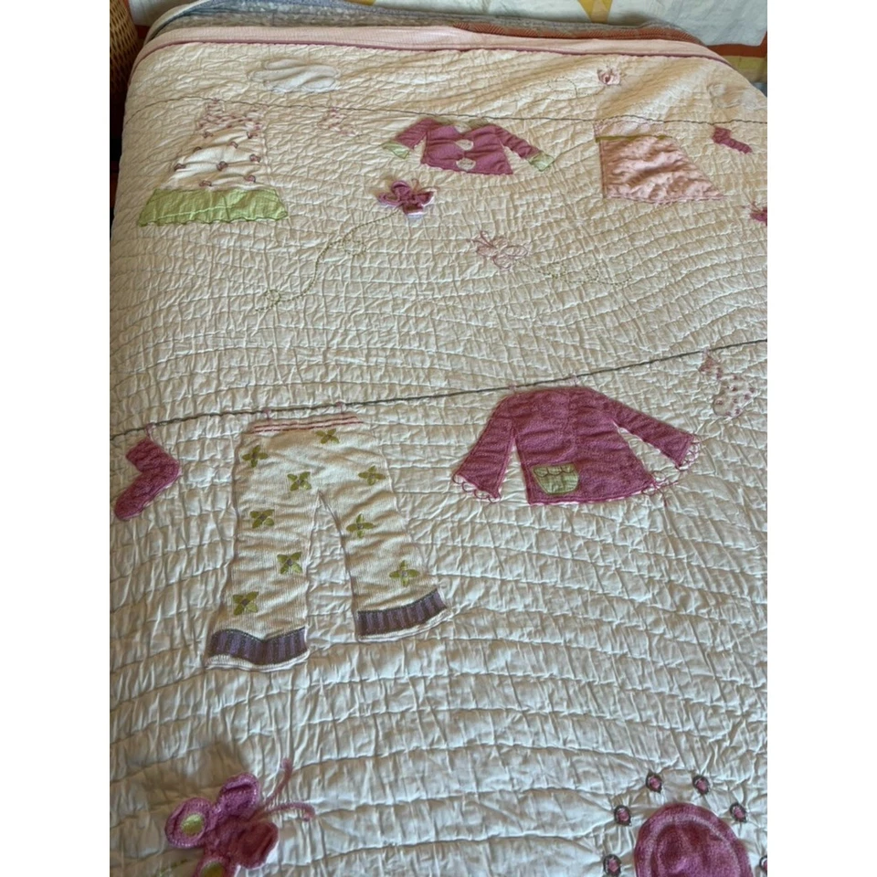 被子毯女孩双面绗缝花卉晾衣绳拼布粉色 81x68 — 第 3/4 张图片