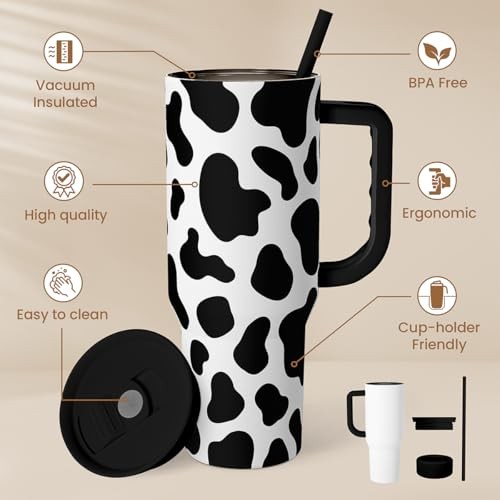 Cow Tumbler with Handle 40oz, Cow Print Cup Stainless Steel Tumblers Coffee - Bild 3 von 7
