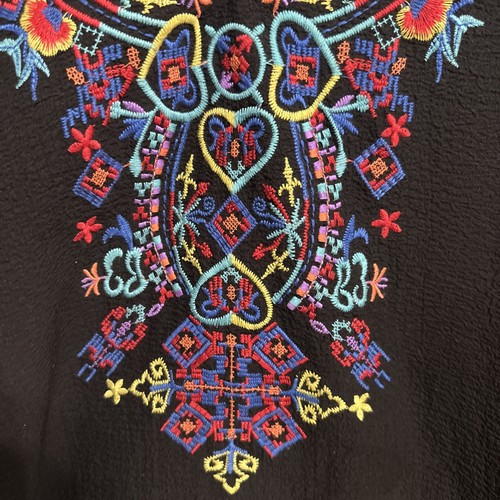 CALEOOA L Artsy Black Colorful Embroidered BOHO Peasant Tunic Blouse XL - Picture 2 of 9
