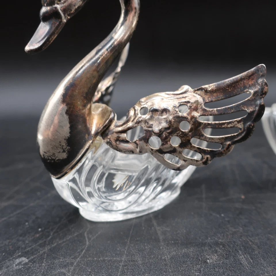 De Colección Par De Bodegas Abiertas Articuladas Cisne Plata De Ley y Cristal Italia Foto 3 de 4