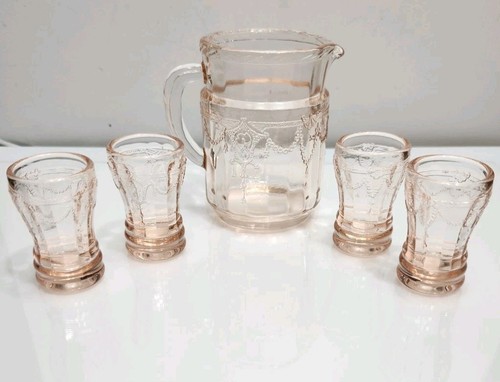 Vintage Pink Cameo Ballerina Miniature Depression Glass Pitcher And Glass Set - Picture 1 of 5