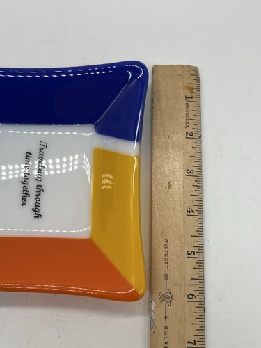 Fused Glass Blue Yellow Orange Square Ring Trinket Dish - Picture 3 of 6