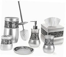 Crackled Glass Silver Bathroom Accessories Set - 6 Piece Bathroom Set