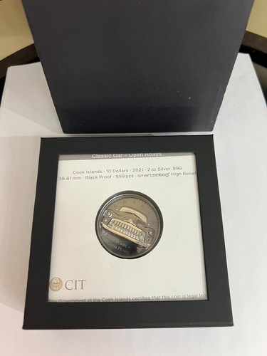 Coche clásico Cook Islands 2021 carreteras abiertas $10 2 oz. .999 NEGRO PROOF ALTO RELIEVE - Imagen 2 de 5