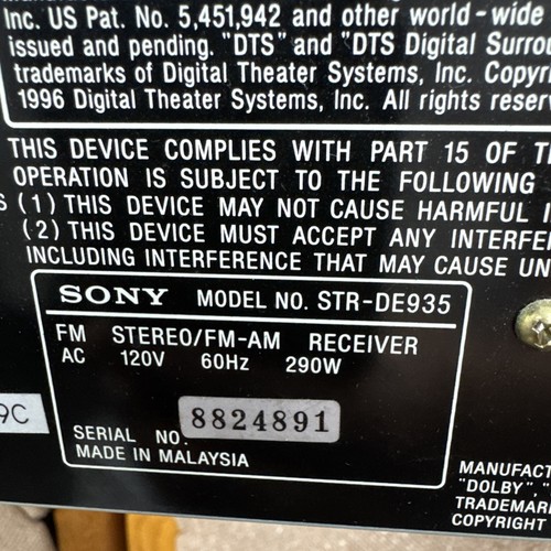 Sony AVR AM/FM Stereo Receiver STR-DE935 Audio Video Control Center Tested - Picture 14 of 16