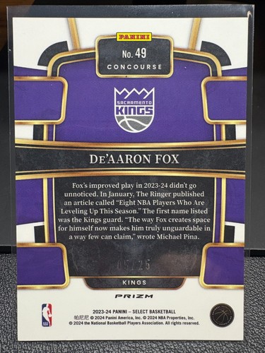 2023-24 Panini Select Concourse Blue Disco Prizm /25 De'Aaron Fox #49 *Jersey #* - Picture 2 of 2