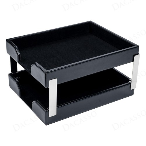Black Bonded Leather Front-Load Double Letter Tray Set w/Silver Stacking Post... - Picture 3 of 6