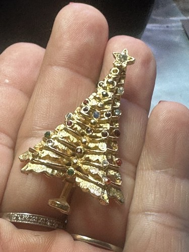 Broche/Pin Vintage Dimensional Navidad Tono Dorado, Coloridos Estrás, - Imagen 3 de 9