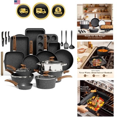 Kitchen Induction Cookware & Bakeware Set - 30 Piece Black Granite Cooking Pa...