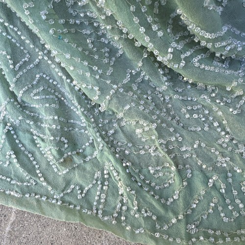 Antique 1920s Sea Foam Green Silk Chiffon Dress Maxi Icy Deco Beading Vintage - Picture 15 of 23