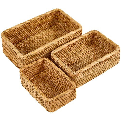 Natural Rectangular Rattan Storage Baskets Set 3 Hand Woven Food Fruit Serving B