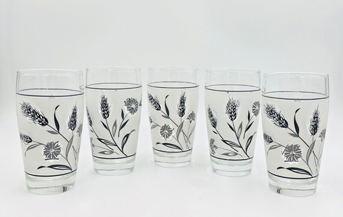 MCM Vintage Libbey Glass Silver Wheat & Thistle Frosted Glasses Set of 5 - Picture 2 of 7