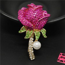 New Rose Red Enamel Bling Flower Pearl Fashion Women Charm Lady Brooch Pin Gifts