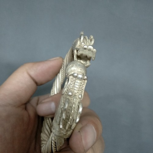 China big Tibetan silver Handcarved double dragon play gift bracelet - Picture 5 of 6