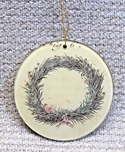 JOHN DERIAN Decoupage Glass 4.25" Ornamental Charm, Signed, Pink Ribboned Wreath