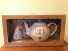 RAE DUNN QUEEN BEE Teapot and HONEY Pot with yellow bee & wooden stick  (Large)