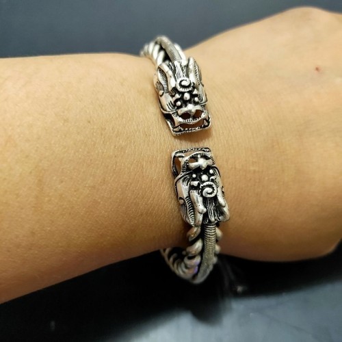 Chinesisches altes antikes tibetisches Silber exquisites Armband mit Drachenkopföffnung - Bild 6 von 8
