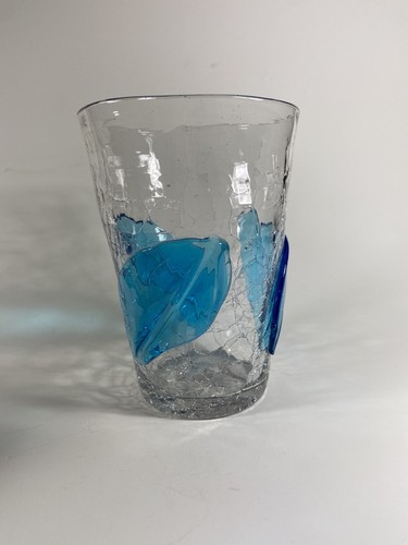 Blenko Kunstglas # 366 klar Crackled Bouquet Vase appliziert blaue Blätter 7" Vintage - Bild 3 von 11