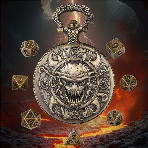 Juego de 7 piezas de dados poliédricos de metal mazmorras y dragones en estuche de reloj de bolsillo con calavera - Imagen 7 de 11