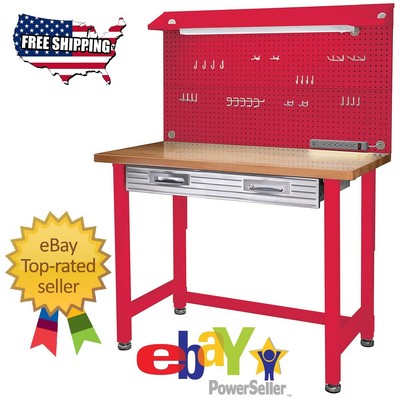 Seville Classics Garage Lighted Workbench Wood Top Steel Frame
