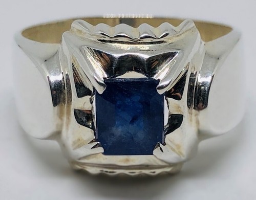 Natural 2 Carat Emerald Cut Blue Sapphire Sterling Silver 926 Handmade Mens Ring - Picture 6 of 6