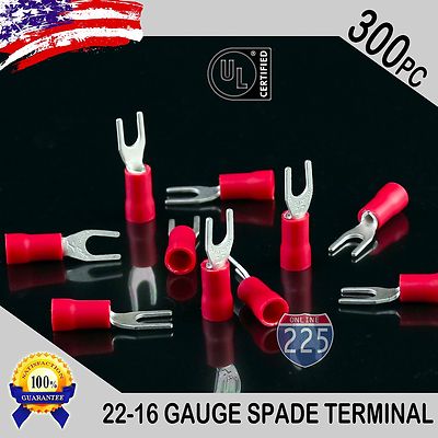 100 Red Vinyl Insul 18-22 AWG Ga Spade Fork Wire Connector Terminal #10 Stud USA