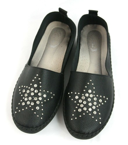 Italina Leather Insole Rhinestone Star Comfort Flats Slip Ons Slides Black 8 - Picture 3 of 8