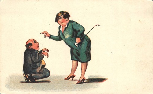 Stout Matron Lectures Simpering Man on Floor  Dominatrix Comic Postcard - Picture 1 of 2