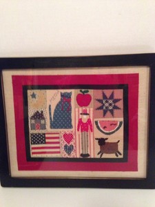 Framed-Hand-Stitched-Patriotic-Folk-Art-Prim-Country-Americana-USA-July-4