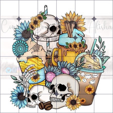 Sublimation Print Skull Coffee Sunflower Ready to Press Heat Transfer
