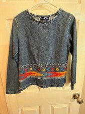 Vintage TY Wear Denim Top Women's 4P Embroidered Southwest Style Fringe Long Sle