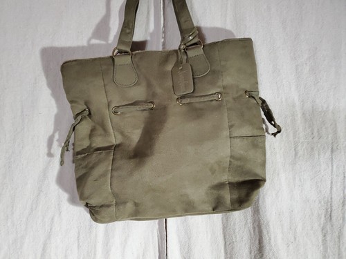 Neiman Marcus Olive Green Drawstring Handbag Purse L Tote With Sherpa Trim - Picture 1 of 9