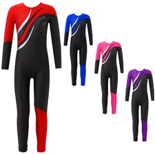 Kids Girls Dance Jumpsuit Long Sleeve Dancewear Team Group Dance Leotard Shiny