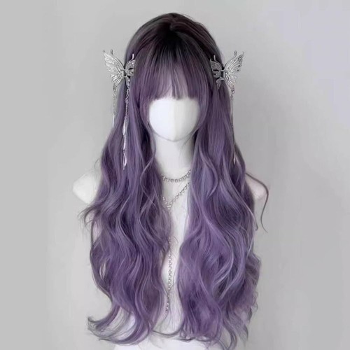 Synthetic Gray Purple With Bangs Gradient Long Curly Hair Ladies Wig - Picture 11 of 17