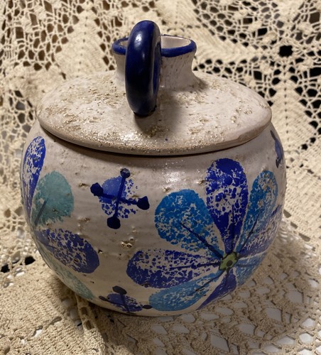 Italy Mid Century Rosenthal Netter Bitossi Pottery Ball Pot W/ Lid Blue Flowers - Picture 9 of 10