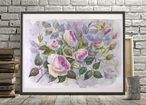 Original Artwork Painting PINK ROSES Garden Flowers Landscape Floral Art Gift A4 - Picture 3 of 13