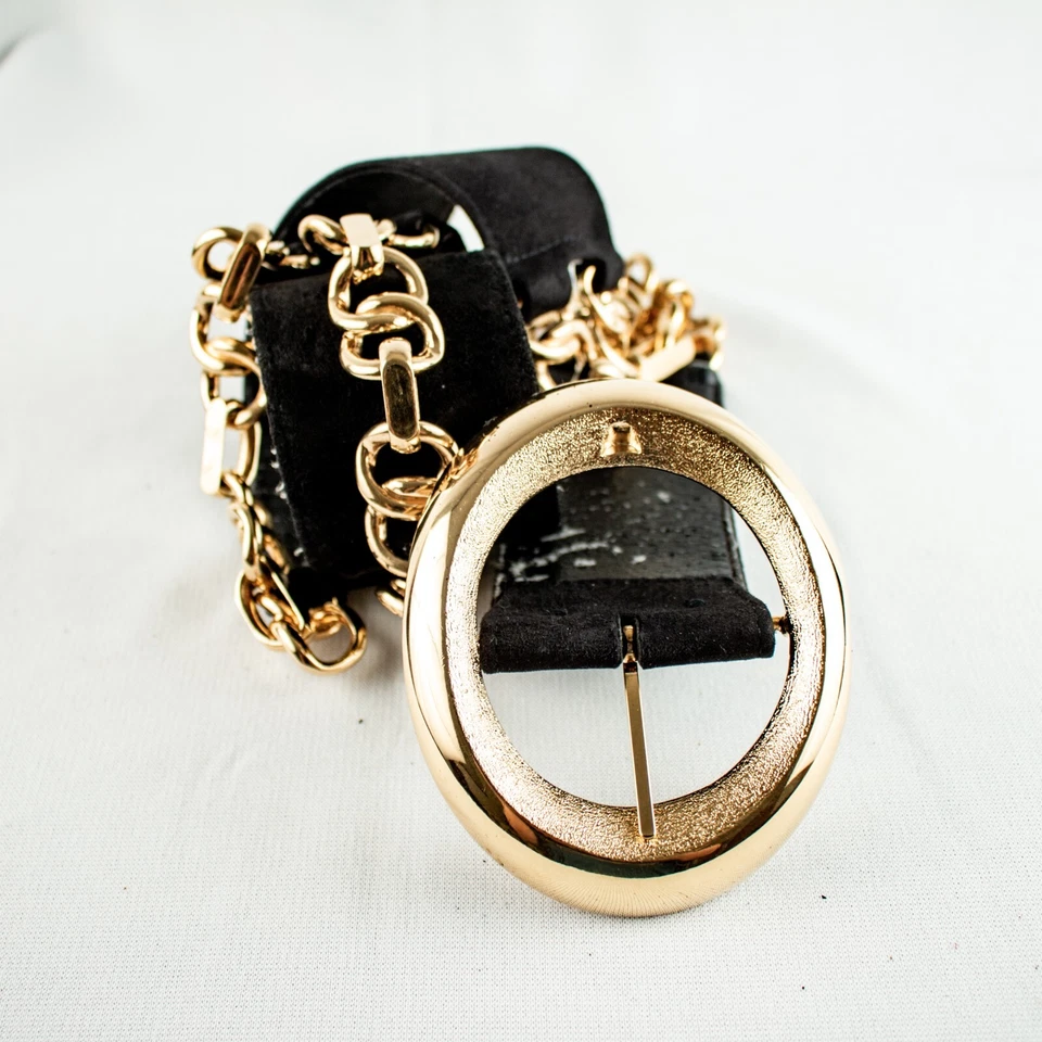 Cinturón de cadena cable para mujer ST. JOHN negro gamuza tono dorado talla M Foto 3 de 4