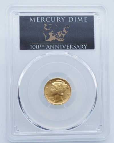 2016-W 1/10 oz 24k Gold Mercury Dime PCGS SP70 100th Anniversary First St- C1719 - Picture 2 of 6