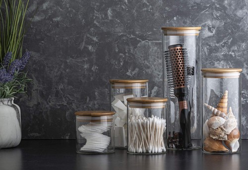 Bamboo Bathroom Set Of 5 Glass Kitchen Canisters With Airtight Lid - Storage - Picture 3 of 9