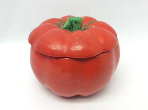 Vintage Artist-Made Heirloom Tomato Glazed Pottery Sugar Bowl with Lid - Picture 2 of 12