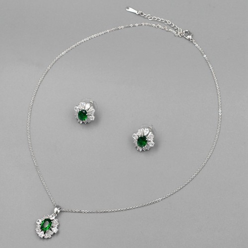 Women Jewelry Set Green Cubic Zirconia Necklace Earrings Silver Wedding Gift 014 - Picture 4 of 8