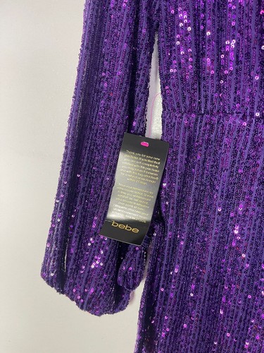 Bebe Womens Wrap Long Sleeve V Neck Sequin Tie Front Mini Dress Purple Sz XS - Picture 10 of 12