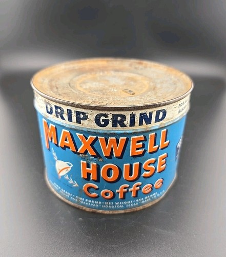 FULL Vintage Maxwell House Coffee Drip Grind Tin Can Cup Blue Orange 1 Lb.