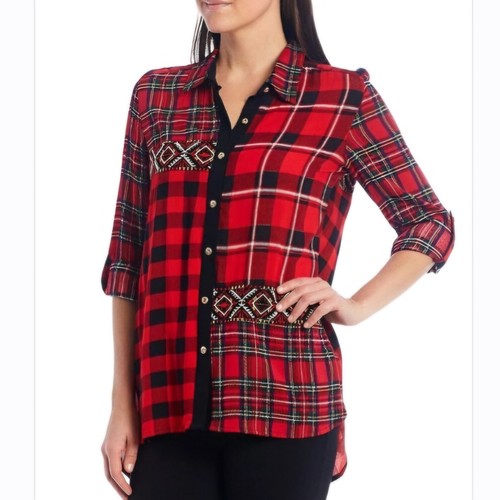 CALESSA Red Mixed Plaid/Check Embroidered Button-up Artsy Tunic Blouse size 1X - Picture 2 of 13
