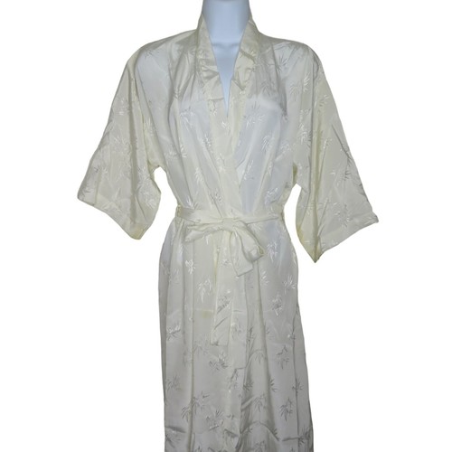 Vintage Full Length White Satin Brocade Kimono Robe Floral Bamboo Belted L New - Picture 7 of 11