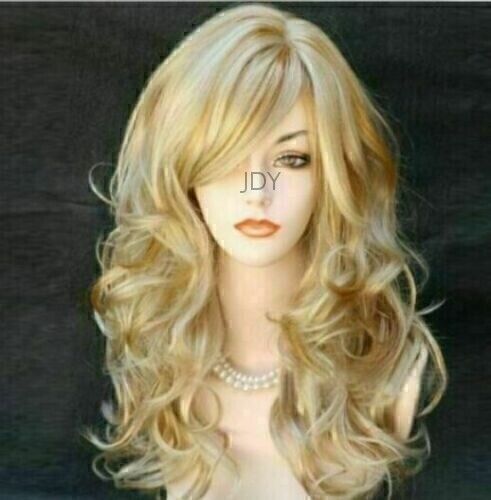 Damen Gewellt Volle Perück Ombre Gold Langhaarperücke Blond Wig Gelockt Echthaar - Bild 3 von 4