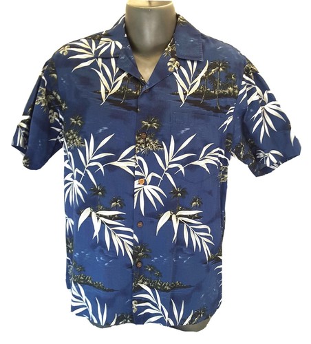 RJC Herren L aufknopfleistetes hawaiianisches kurzärmeliges blaues Shirt 100 % Baumwolle Made in Hawaii