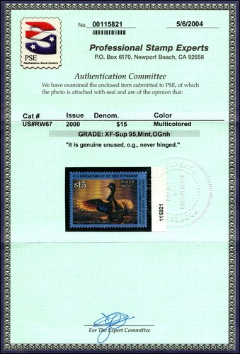 Scott RW67 2000 $15,00 francobollo anatra MNH PSE certificato grado 95 SCV $75,00 - Foto 3 di 3