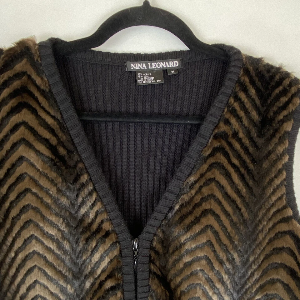 Chaleco Nina Leonard Mujer Mediano Mezcla Lana Cremallera Negro Marrón Suéter Estampado Animal Foto 4 de 4